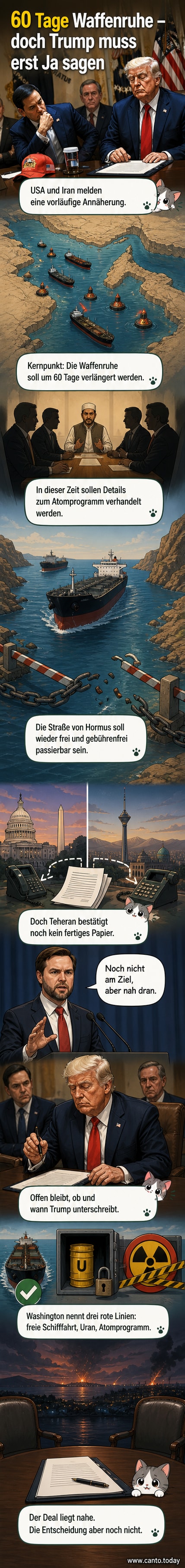 Symbolische Darstellung einer diplomatischen Verhandlung zwischen USA und Iran, mit der Straße von Hormus im Hintergrund und militärischen Elementen am Rand.