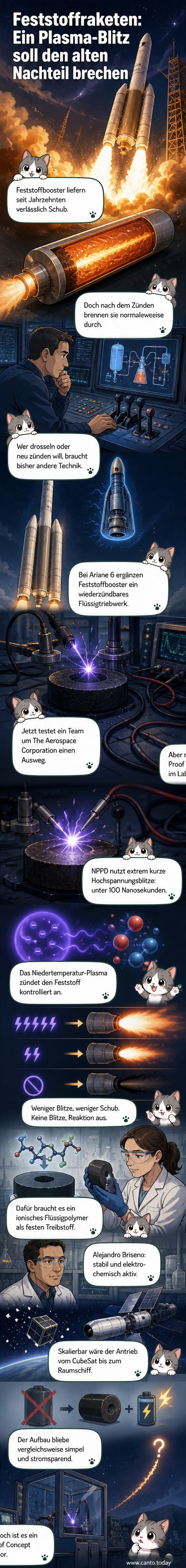 Ein visueller Vergleich zwischen traditionellem Feststoffraketenantrieb und dem neuen Plasma-gesteuerten System mit ionischem Polymer-Treibstoff.