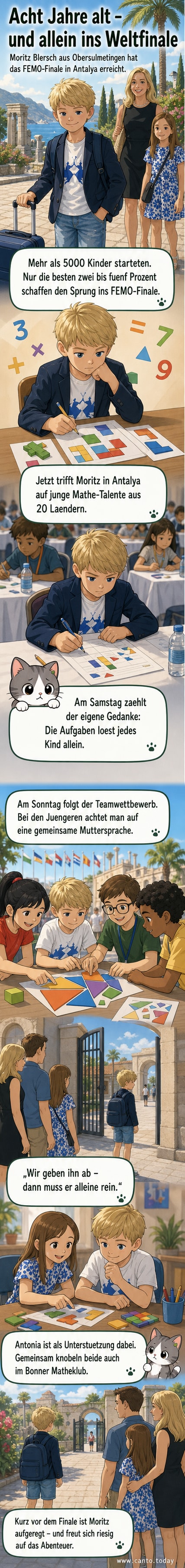 Ein lächelnder achtjähriger Junge, Moritz Blersch, steht in Antalya neben seiner Mutter und seiner Freundin Antonia. Er hält ein Schild mit der Aufschrift 'Germany' und bereitet sich auf die Mathematik-Olympiade vor.
