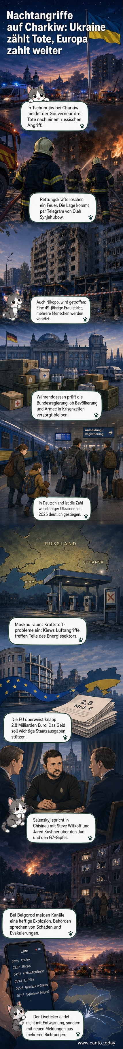 Zerstörte Gebäude nach einem Angriff in der ukrainischen Region Charkiw, Rauch steigt in den Himmel.