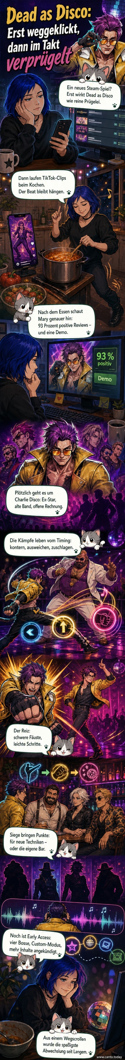 Ein pixeliger Protagonist in Lederjacke mit Totenkopfmotiv schlägt in einer neonbunten Disco-Umgebung mehrere Gegner nieder, während ein Musiknoten-UI-Element den Beat anzeigt.