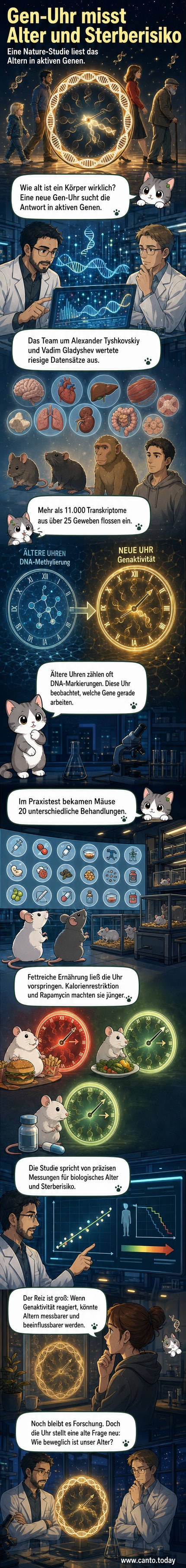 Illustration einer molekularen Uhr, die aus DNA-Strängen und aktivierten Genen besteht, mit Zahlen, die biologisches Alter und Sterberisiko anzeigen.