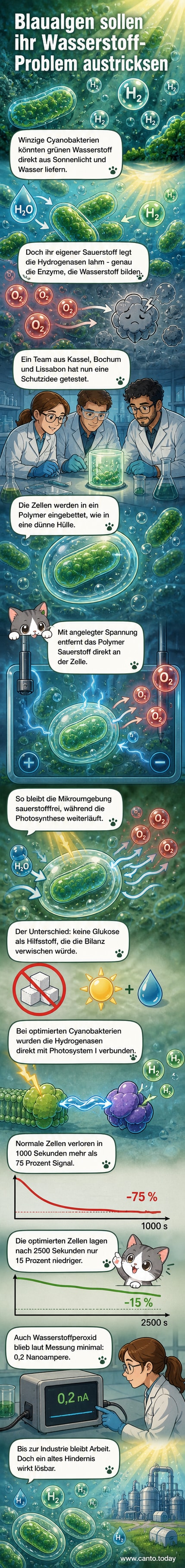 Künstlerische Darstellung von Blaualgen in einer schützenden Polymerhülle, die grünen Wasserstoff produzieren, während Sauerstoff abgeleitet wird.