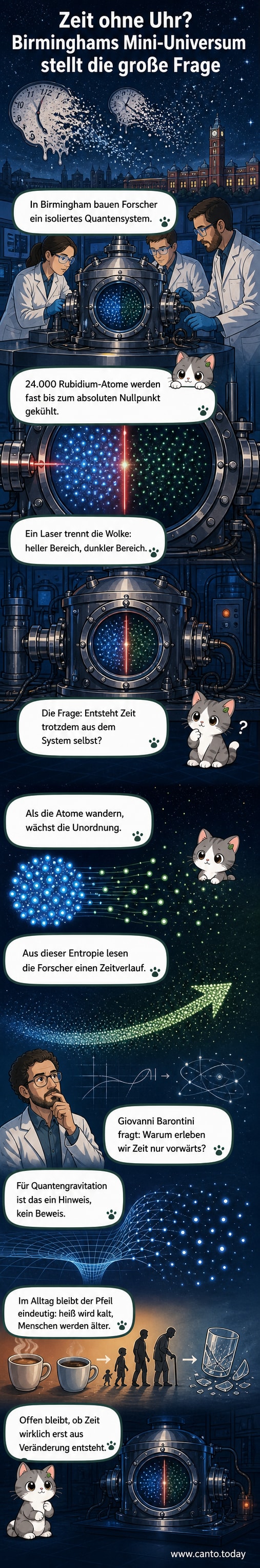 Ein künstliches Mini-Universum aus Rubidium-Atomen zeigt, wie Zeit durch Zunahme der Unordnung entsteht, ohne dass eine externe Uhr erforderlich ist.