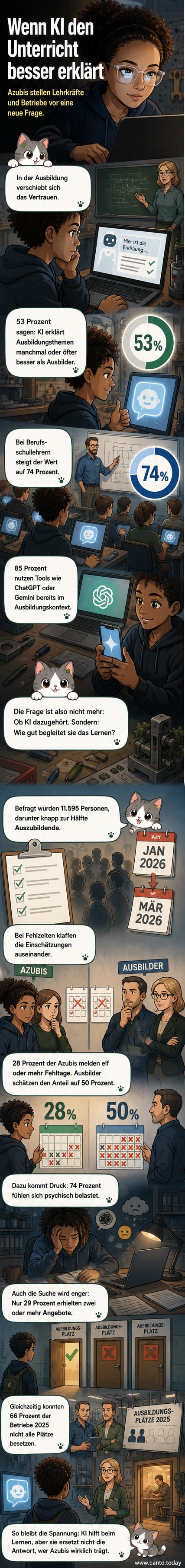 Ein Auszubildender nutzt ein Tablet mit KI-Chat, während im Hintergrund ein Lehrer an einer Tafel steht – Symbol für den Wissensvermittlungswechsel.