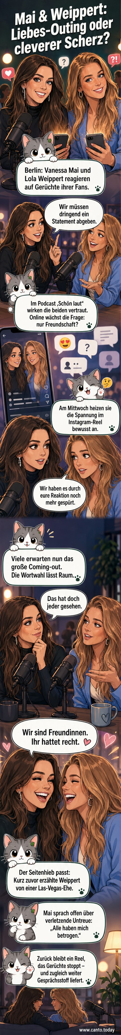 Zwei lächelnde Frauen im Profil, Vanessa Mai und Lola Weippert, sitzen nebeneinander und schauen sich amüsiert an, während ein Herz-Symbol über ihnen schwebt – satirisch überzeichnet für ein Podcast-Video.