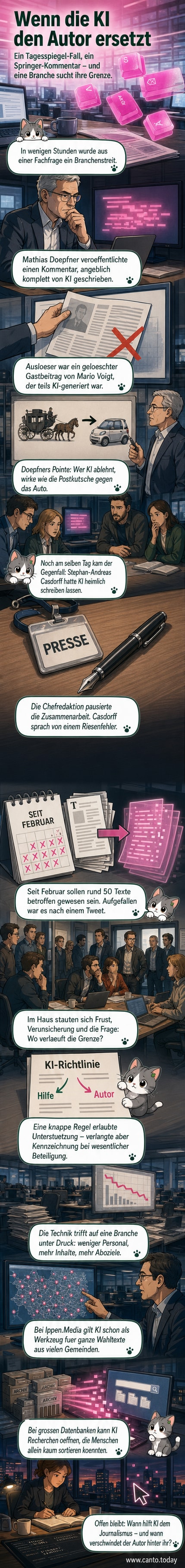 Illustration eines Journalisten, der vor einem leeren Schreibtisch sitzt, während ein KI-Avatar auf einem Bildschirm Texte verfasst.