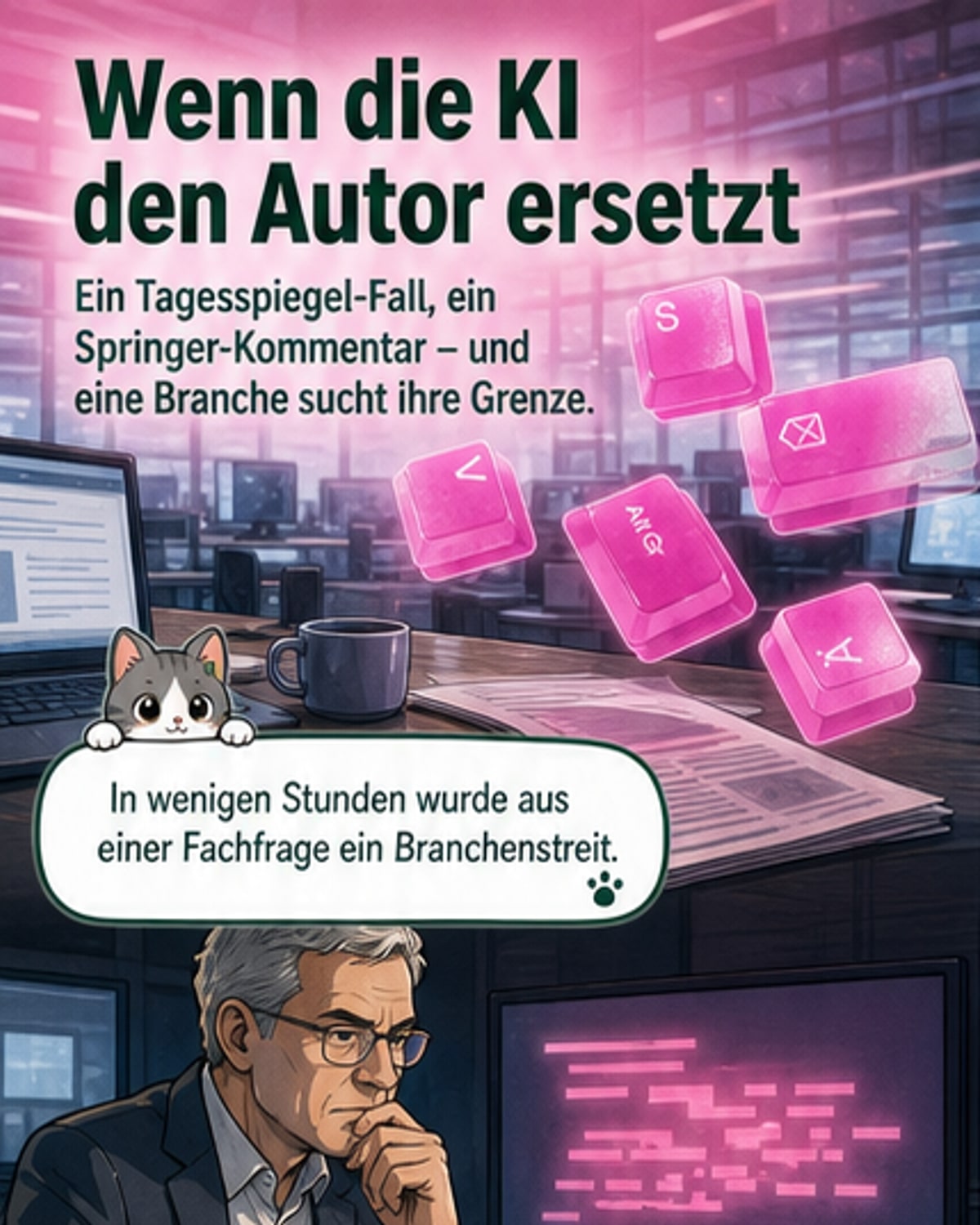 Illustration eines Journalisten, der vor einem leeren Schreibtisch sitzt, während ein KI-Avatar auf einem Bildschirm Texte verfasst.