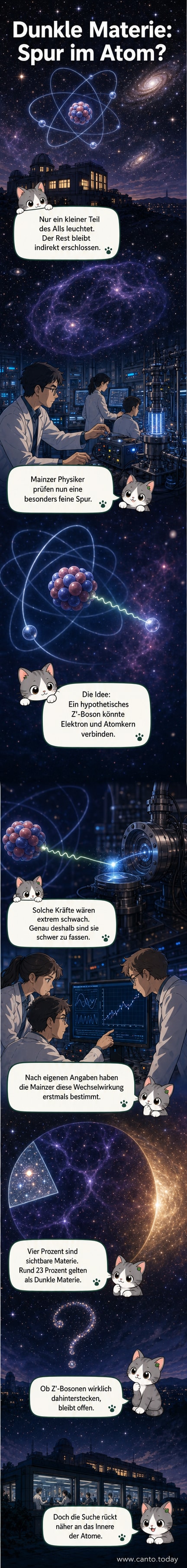Abstrakte Darstellung eines Atomkerns mit Elektronenwolke, durch die unsichtbare Z’-Bosonen als Kraftvermittler fließen – symbolisch für die hypothetische Wechselwirkung in der Dunklen Materie-Forschung.
