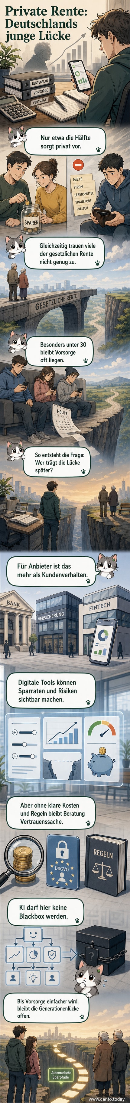 Abstrakte Darstellung einer Altersvorsorge-Lücke: eine junge Person schaut auf eine ferne, ungesicherte Renten-Zukunft, während Zahlen und Sparpläne im Hintergrund verschwinden.