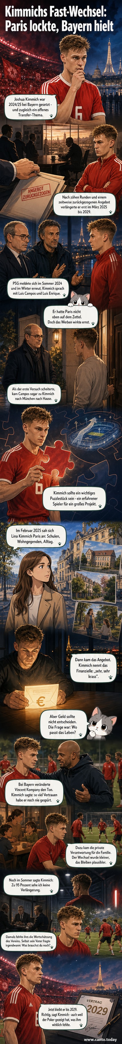 Joshua Kimmich im Trikot des FC Bayern steht nachdenklich auf dem Spielfeld, im Hintergrund ein stilisiertes PSG-Logo mit einem Briefumschlag, der ein finanzielles Angebot symbolisiert.