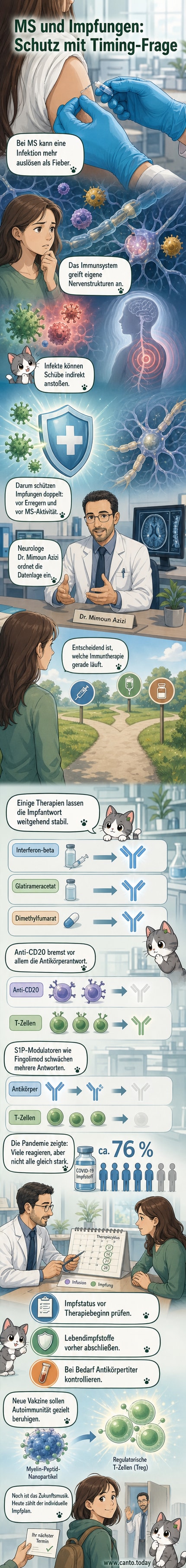 Eine schematische Darstellung des Nervensystems mit Fokus auf Myelin und Immunzellen, die eine Impfung als Schutzschild symbolisieren.