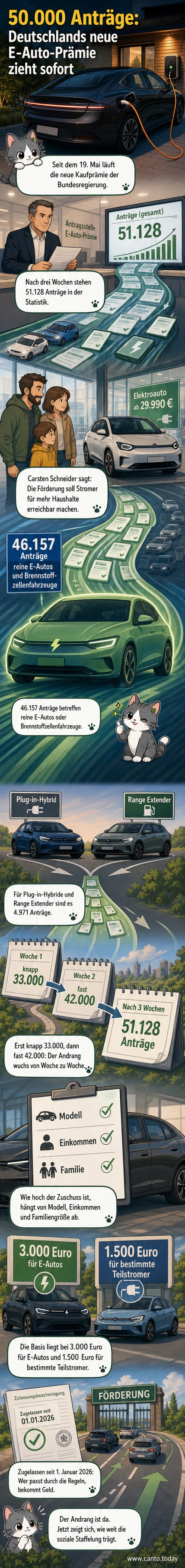 Illustration eines Elektroautos vor einer Ladesäule mit Hinweisen zur staatlichen Kaufprämie und Antragszahlen.