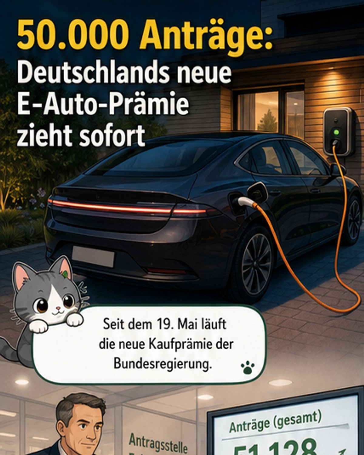 Illustration eines Elektroautos vor einer Ladesäule mit Hinweisen zur staatlichen Kaufprämie und Antragszahlen.