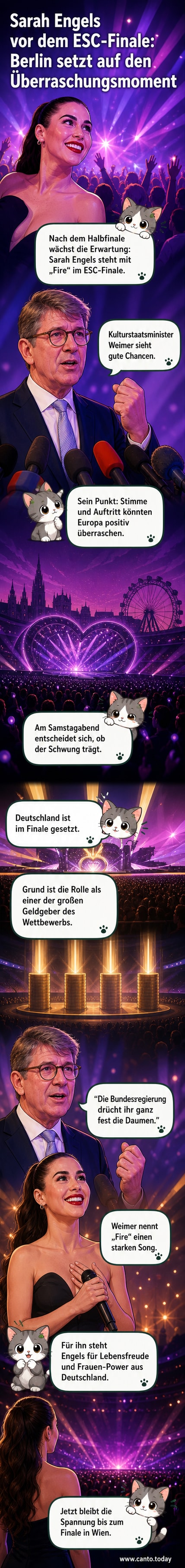 Sarah Engels steht strahlend auf einer Bühne mit Mikrofon in der Hand, im Hintergrund bunte Lichter und die ESC-Flagge, daneben ein kleines Porträt von Kulturstaatsminister Weimer mit erhobenem Daumen.