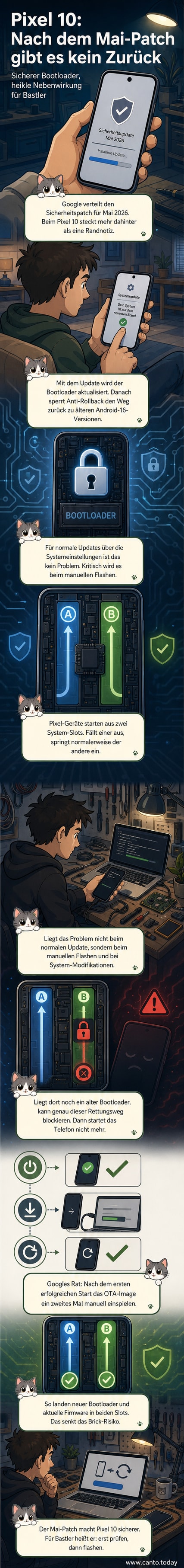 Illustration eines Google Pixel 10 Smartphones mit Warnsymbol, während ein Pfeil rückwärts blockiert wird – veranschaulicht die Anti-Rollback-Funktion nach dem Mai-Update.