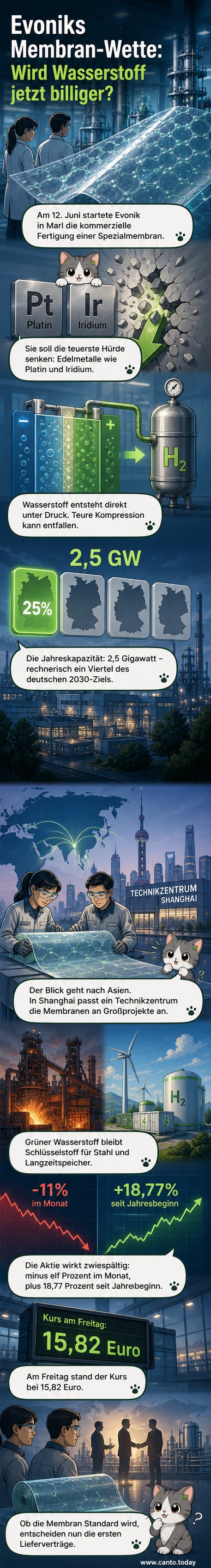 Ein Industriewerk in Marl mit Evonik-Logo, davor eine schematische Darstellung der neuen Spezialmembran für die Wasserstoffproduktion.