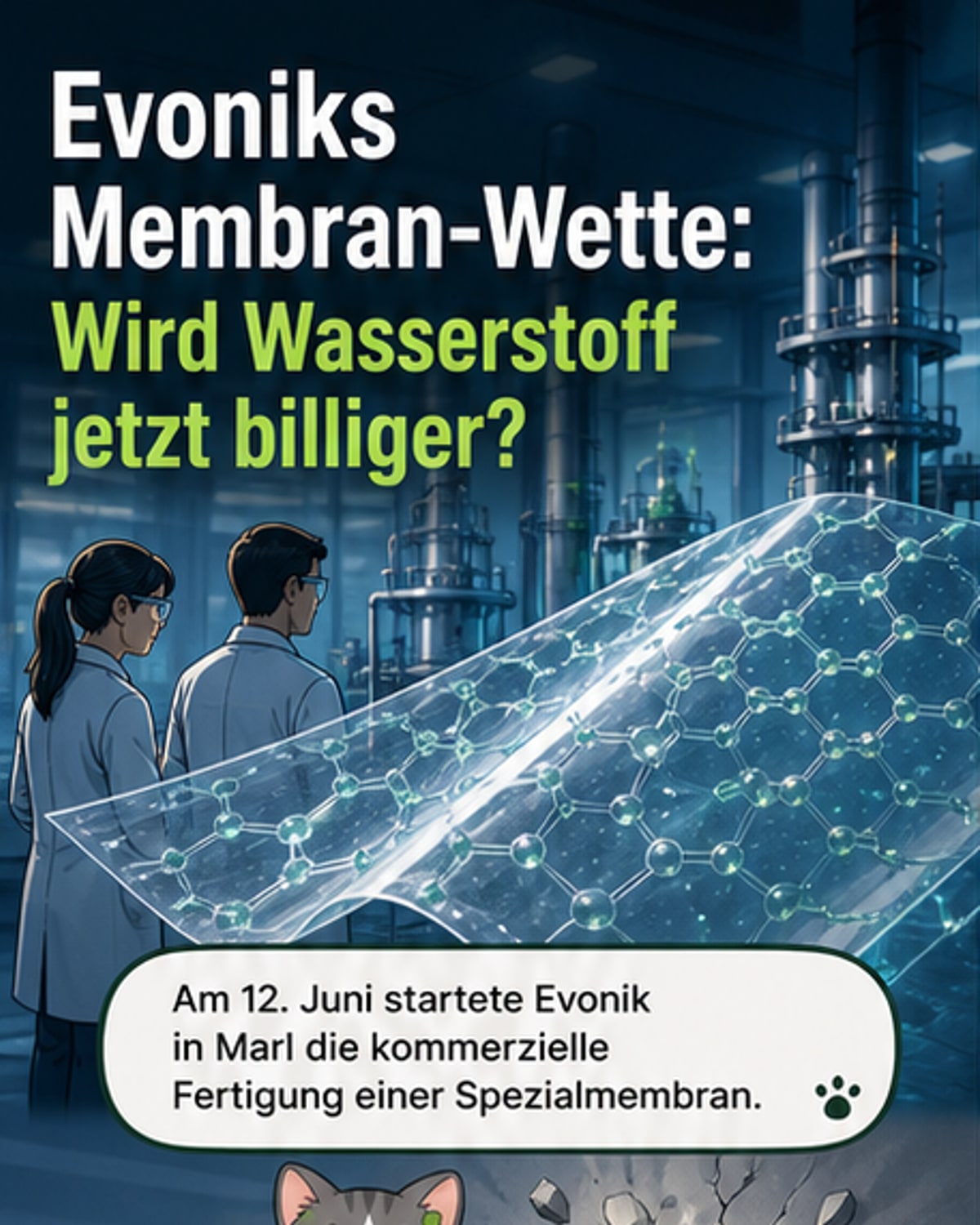 Ein Industriewerk in Marl mit Evonik-Logo, davor eine schematische Darstellung der neuen Spezialmembran für die Wasserstoffproduktion.