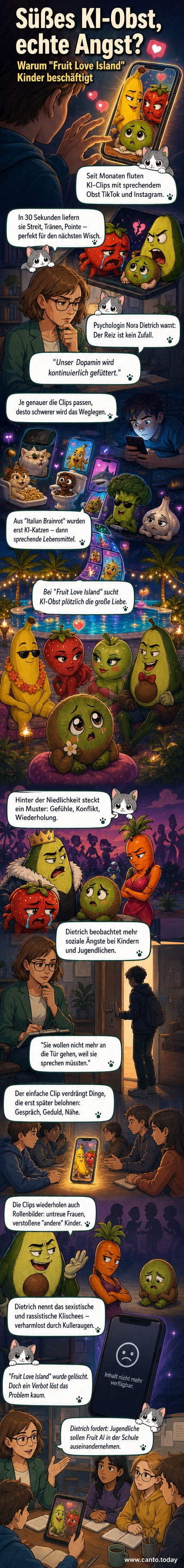 KI-animierte Obstfiguren wie eine Banane und Erdbeere sitzen auf einer Couch und halten ein Kiwi-Baby, während emotionale Musik im Hintergrund spielt.