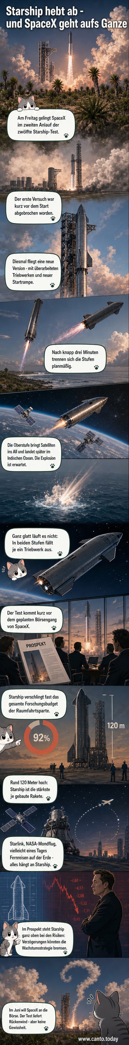 Illustration der SpaceX Starship-Rakete beim Start in Texas, mit explodierender Oberstufe über dem Indischen Ozean und Börsensymbol im Hintergrund.
