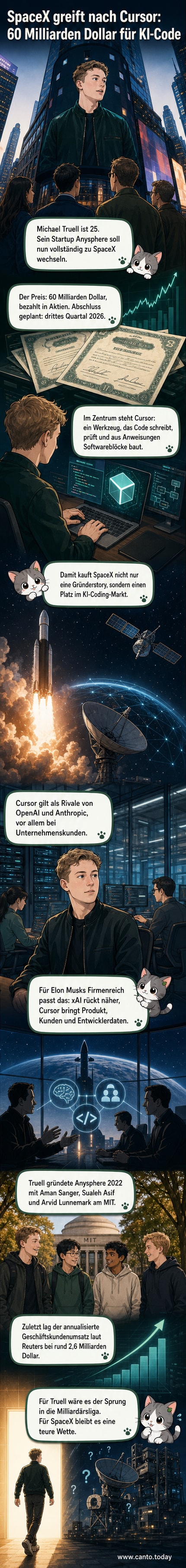 Illustration eines jungen CEOs vor einem Hintergrund aus Code und Raketen, mit dem Logo von SpaceX und Cursor.