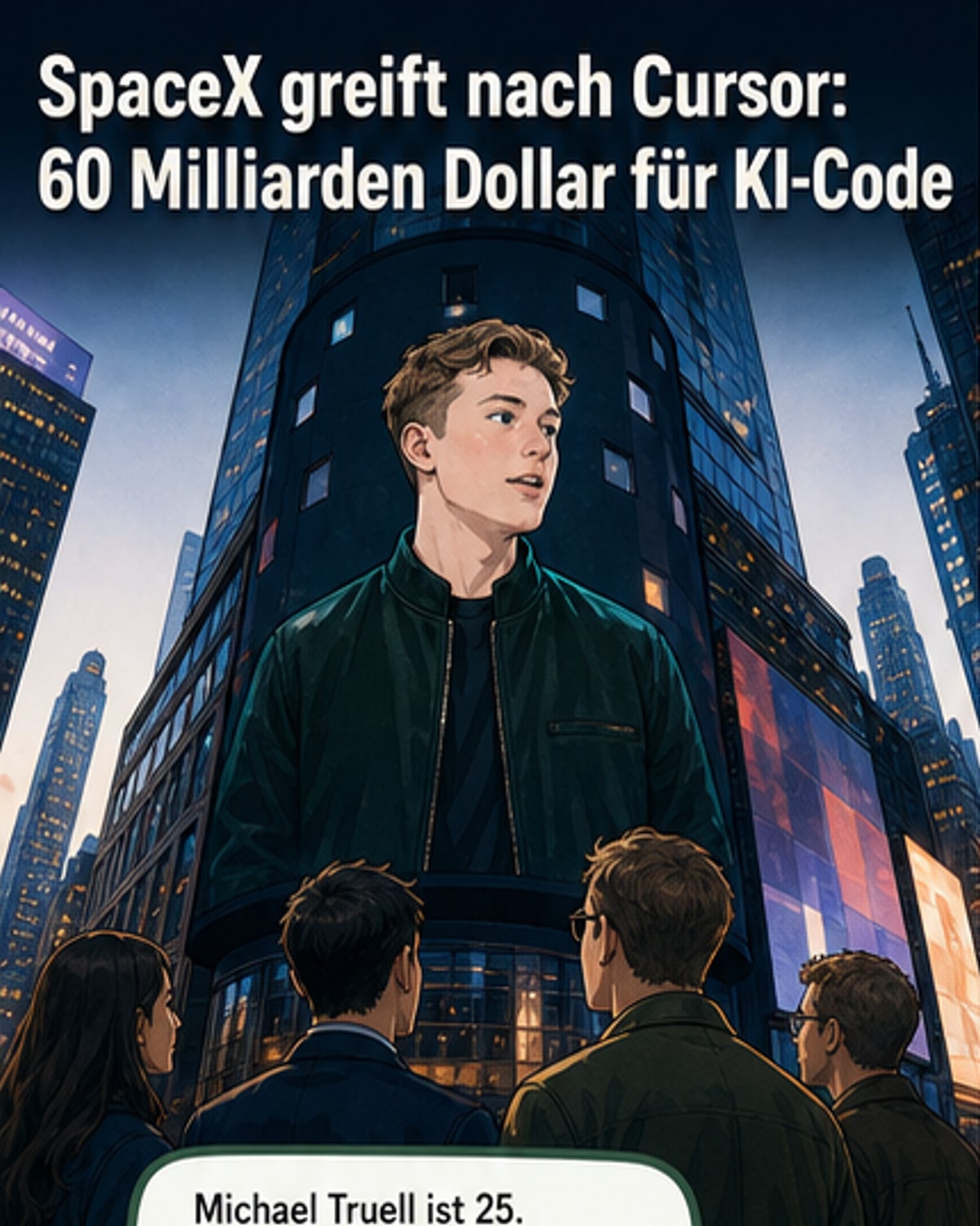 Illustration eines jungen CEOs vor einem Hintergrund aus Code und Raketen, mit dem Logo von SpaceX und Cursor.