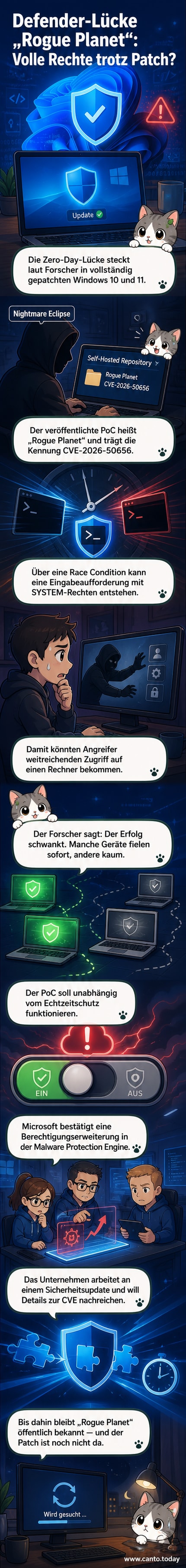 Illustration eines Planeten mit Riss im Inneren, umgeben von einem Schild mit dem Microsoft-Logo, das bricht – symbolisiert die Sicherheitslücke 'Rogue Planet' in Defender.