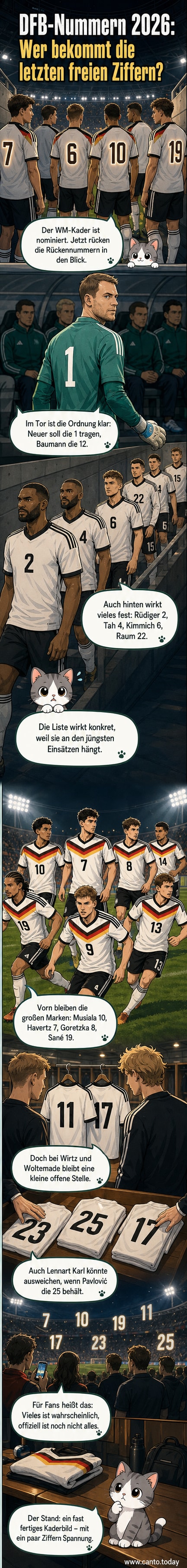 DFB-Team 2026 mit Rückennummern auf einem grünen Rasen, Manuel Neuer im Tor mit der 1, Musiala mit der 10 im Mittelfeld.