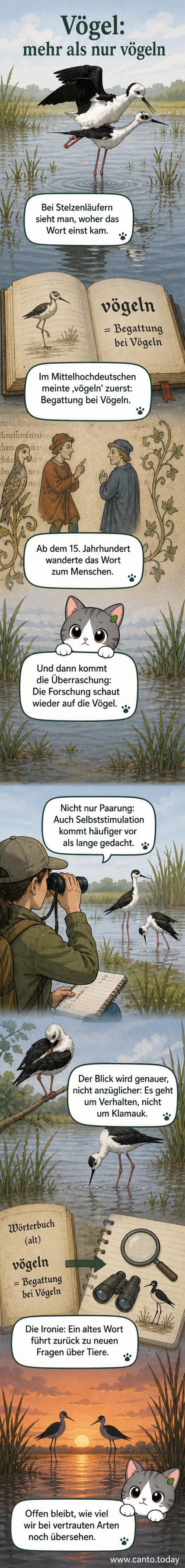 Illustration eines Stelzenläufers bei der Paarung, im Hintergrund schematische Darstellung von Vögeln, die sich selbst stimulieren.