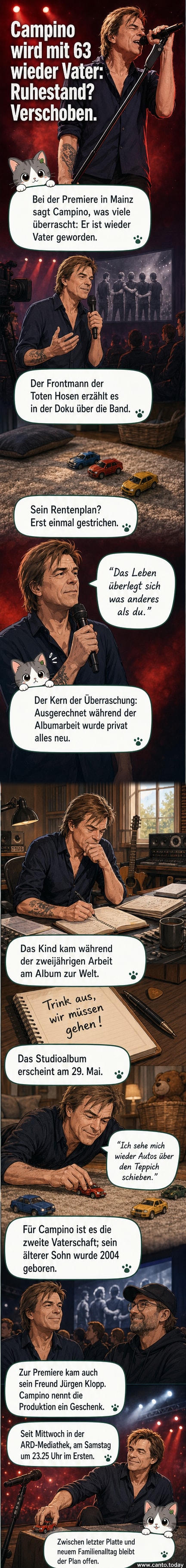 Campino, Frontmann der Toten Hosen, lächelt bei einer Filmpräsentation, im Hintergrund Bandlogo und Jubelkulisse.