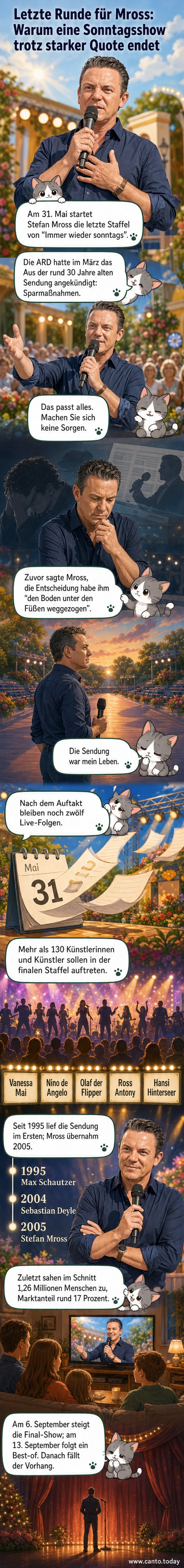 Stefan Mross steht lächelnd vor dem Mikrofon, im Hintergrund die Bühne von «Immer wieder sonntags» im Europa-Park.