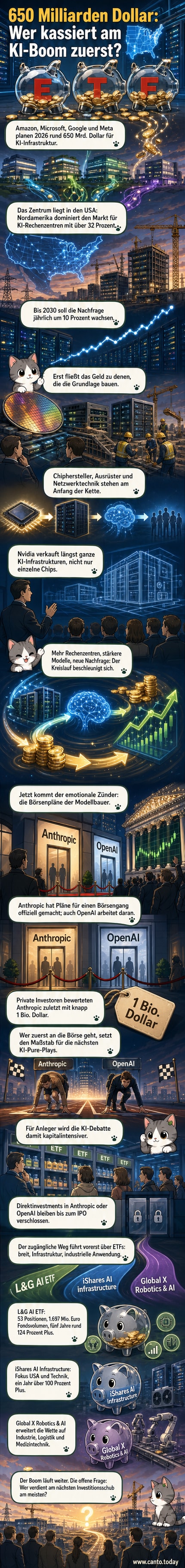 Ein futuristisches Rechenzentrum mit leuchtenden KI-Chips und Datenströmen, umgeben von Logos großer Techkonzerne.