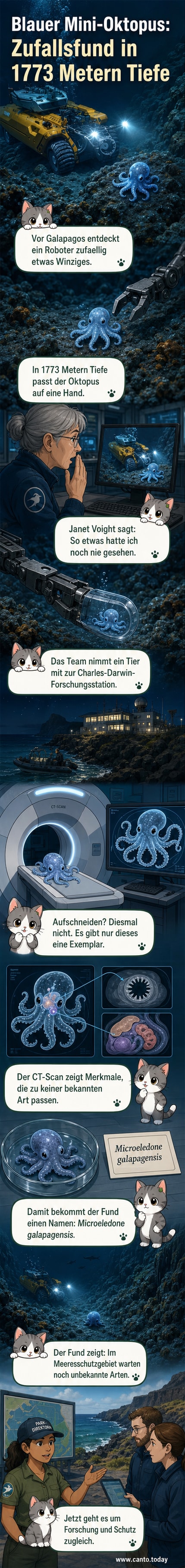 Künstlerische Darstellung eines kleinen blauen Oktopus in der dunklen Tiefsee, umgeben von schwachem Lichtschein, vor der Küste von Galápagos.