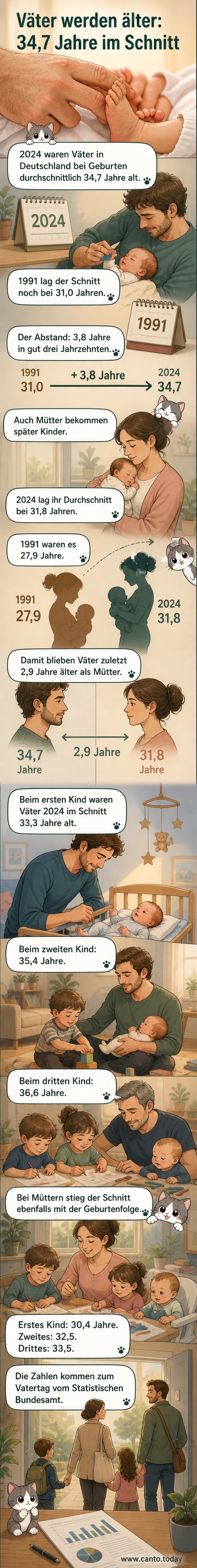Illustration eines älteren Paares mit Baby, daneben eine Zeitleiste, die das steigende Durchschnittsalter von Vätern in Deutschland von 1991 bis 2024 zeigt.
