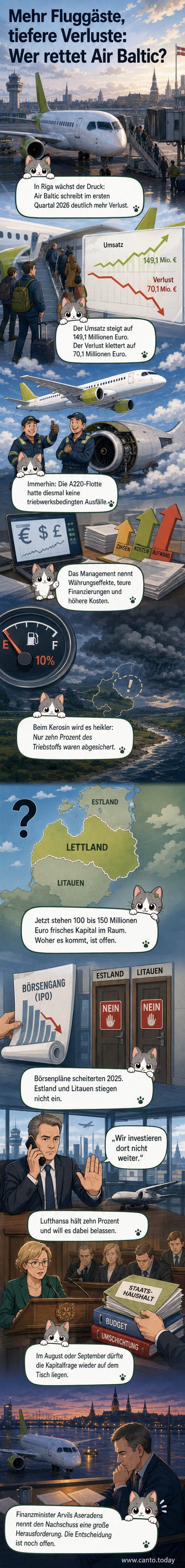 Illustration eines Air-Baltic-Airbus A220 vor baltischem Himmel, daneben fallende Zahlen und rote Verlustkurve.