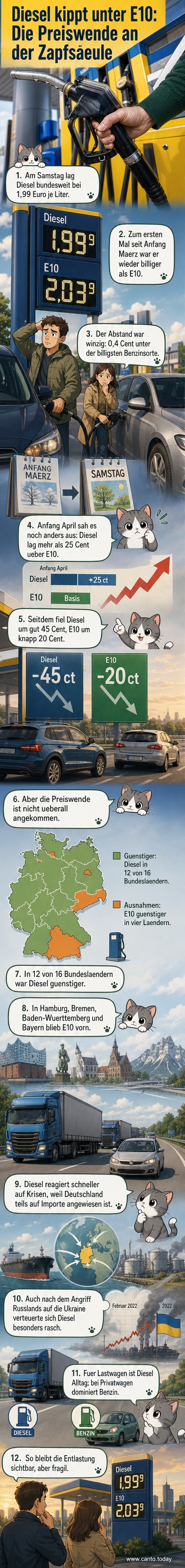 Zwei Zapfsäulen, eine mit Benzin- und eine mit Dieselschild, daneben aktuelle Preisanzeige: 1,99 Euro für Diesel, leicht darüber für Benzin.