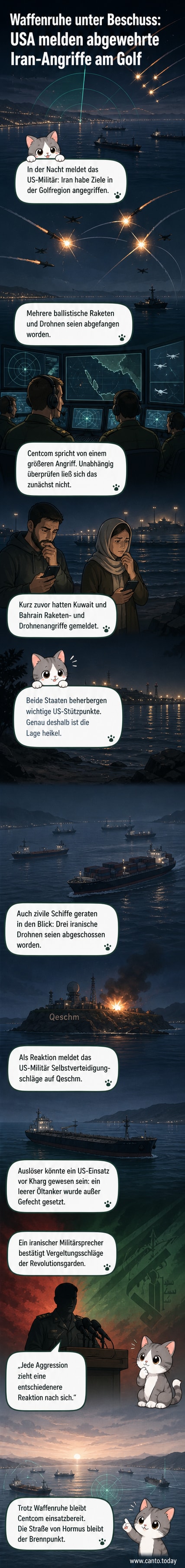 Illustration einer militärischen Auseinandersetzung in der Straße von Hormus: Raketen starten von iranischen Stellungen, US-Abwehrsysteme feuern entgegen, Schiffe im Hintergrund.