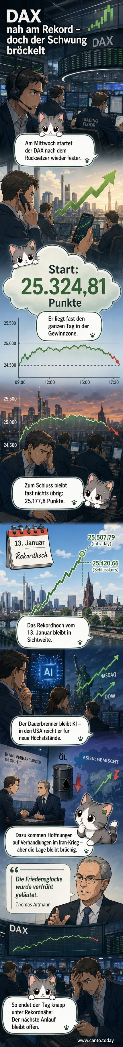 Aktienindex-Diagramm mit leichtem Anstieg des DAX, Pfeil zeigt Richtung Rekordhoch von 25.500 Punkten