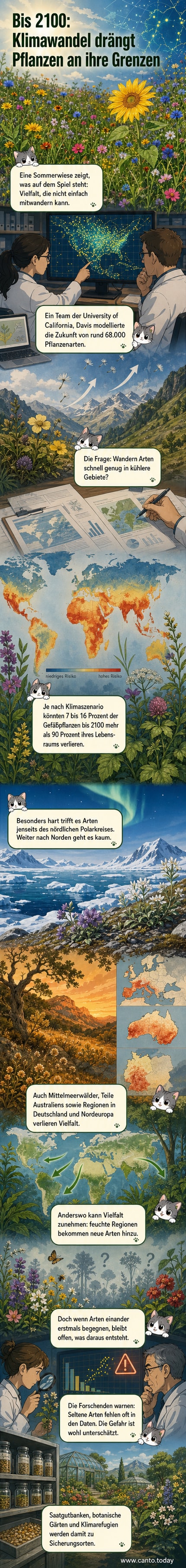 Illustration einer Sommerwiese mit vielfältigen Pflanzen, die langsam verblassen, während sich das Klima erwärmt.