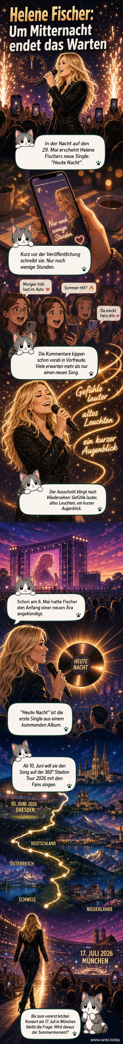 Helene Fischer posiert lächelnd vor einem Mikrofon, im Hintergrund leuchtet eine Bühnenkulisse mit dem Titel „Heute Nacht“.