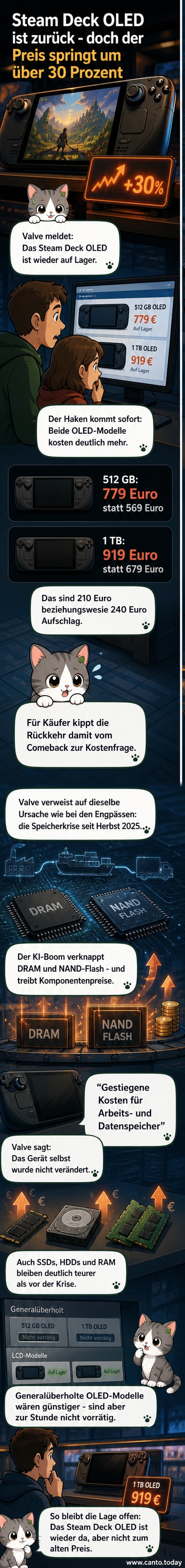Steam Deck OLED in Hand, mit neuem Preisschild und Grafik zur Preiserhöhung