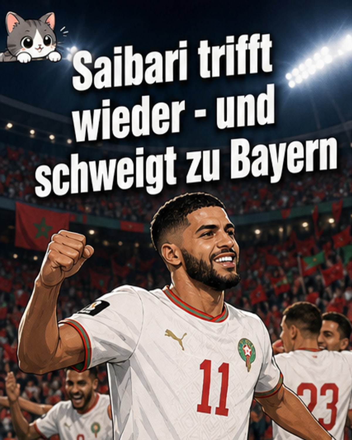 Ismael Saibari im marokkanischen Trikot, jubelnd nach einem Tor, im Hintergrund jubelnde Teamkollegen und Zuschauer.