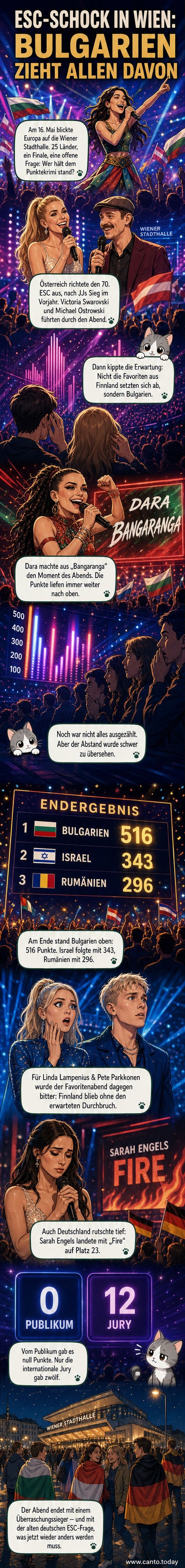 ESC 2026 Bühne in Wien mit bunten Lichtern, Moderatorin Victoria Swarovski im Vordergrund, im Hintergrund Applaus und Flaggen