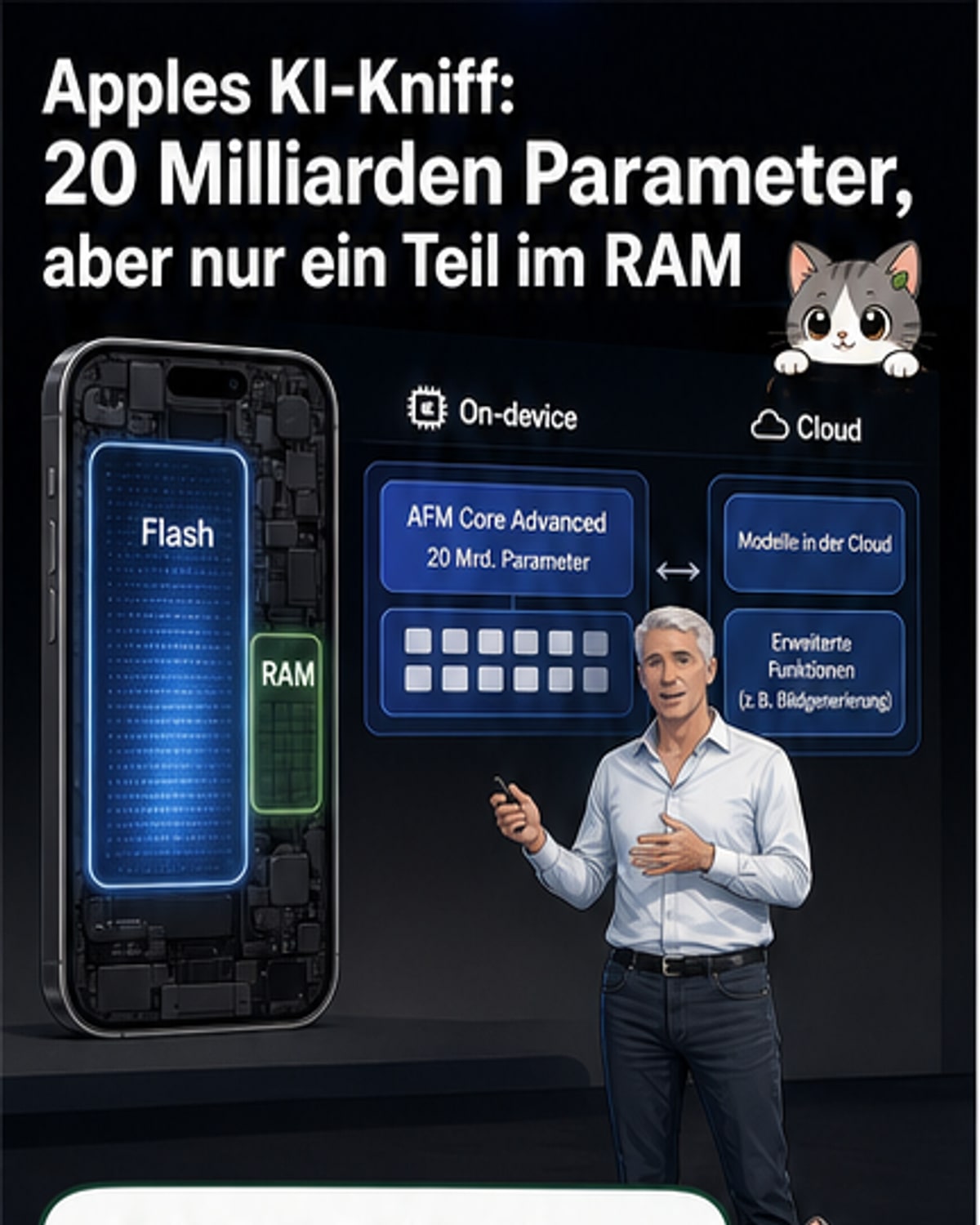 Illustration eines iPhones mit integriertem KI-Chip, der Daten aus dem Flash-Speicher selektiv in den Arbeitsspeicher lädt.