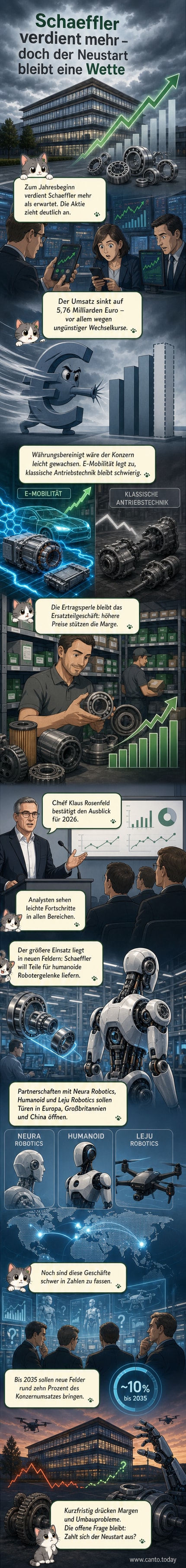 Ein humanoider Roboter steht auf einem Messestand von Schaeffler, dahinter ein Firmenlogo und Zahlenfolien zur Quartalsbilanz.