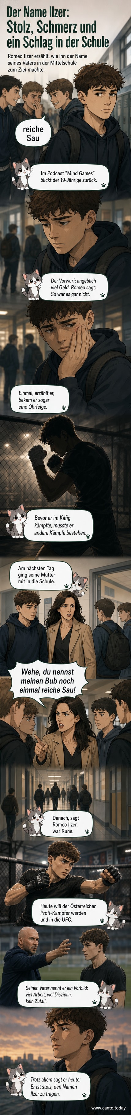 Ein junger Mann trainiert im Käfig, während im Hintergrund ein Schulgebäude und ein Fußballstadion symbolisch dargestellt sind.