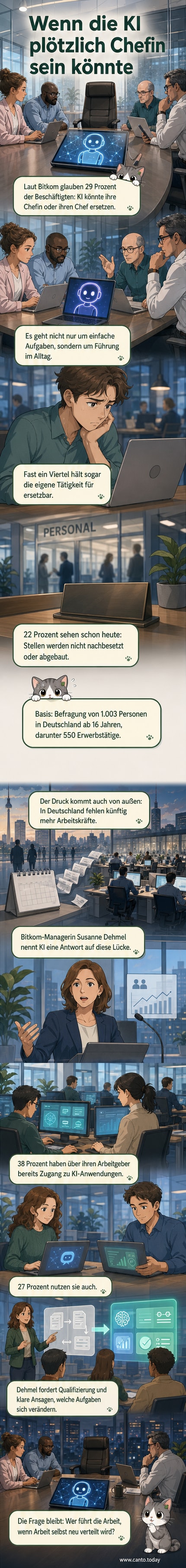 Illustration eines modernen Büros, in dem eine Person vor einem Bildschirm mit KI-Symbolen sitzt, während ein anderer Platz leer bleibt – symbolisch für die mögliche Ersetzung menschlicher Führungskräfte durch künstliche Intelligenz.