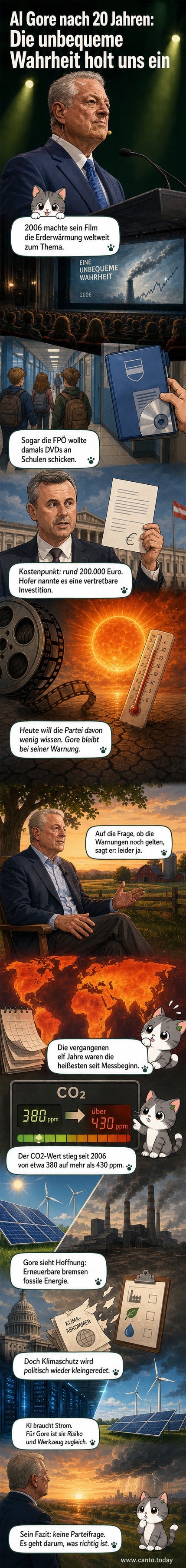 Al Gore steht vor einer Leinwand mit Klimadiagrammen, im Hintergrund steigen rote Temperaturen und CO2-Werte an.