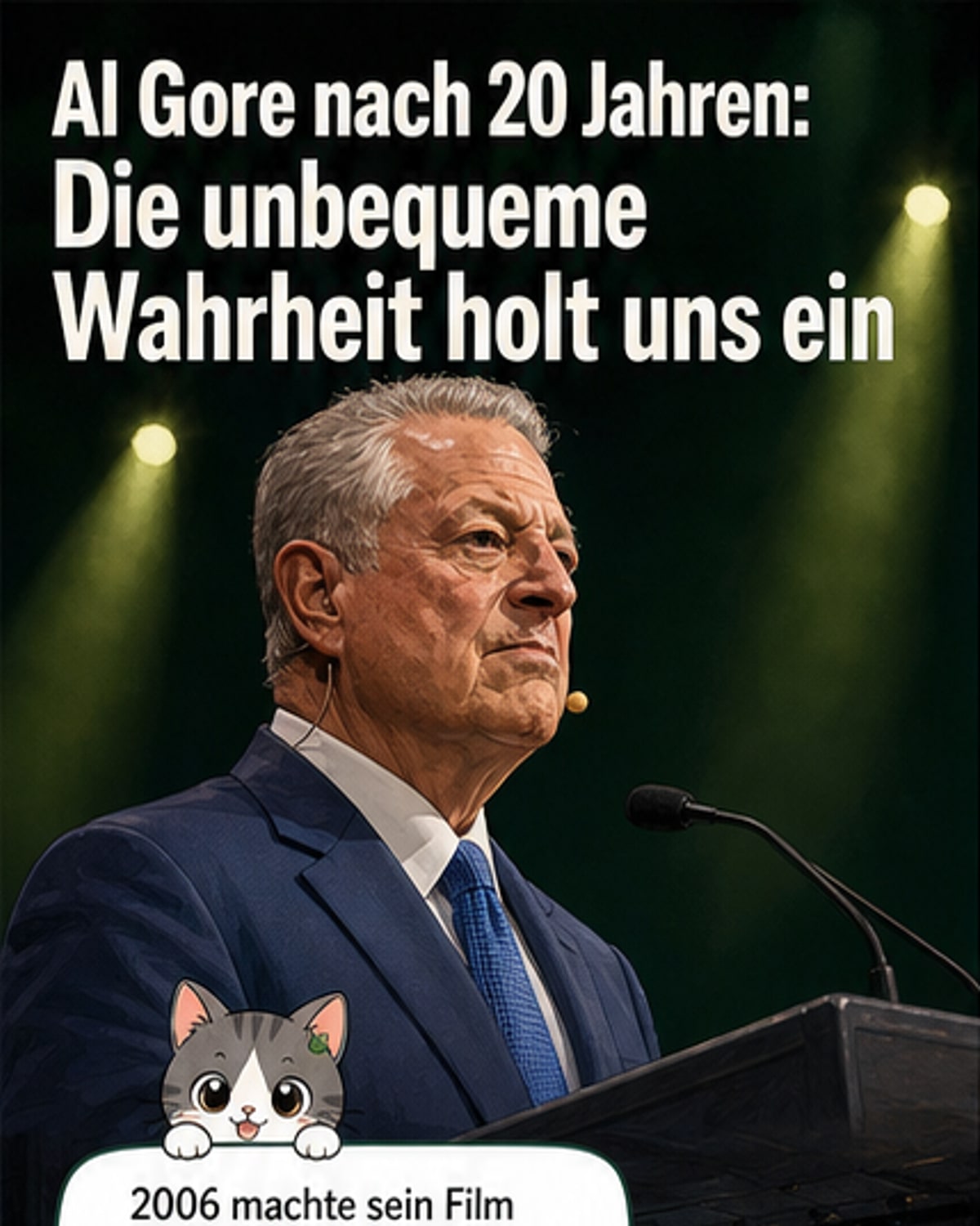 Al Gore steht vor einer Leinwand mit Klimadiagrammen, im Hintergrund steigen rote Temperaturen und CO2-Werte an.