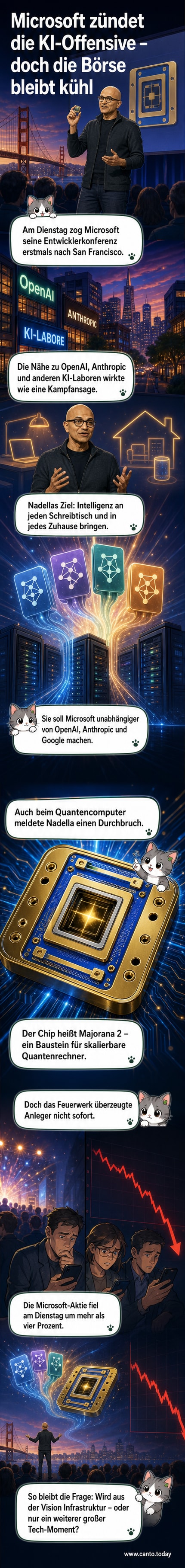 Künstlerische Darstellung des Microsoft-Quantenchips „Majorana 2“ mit Schaltkreisen und digitalen Effekten im Hintergrund.